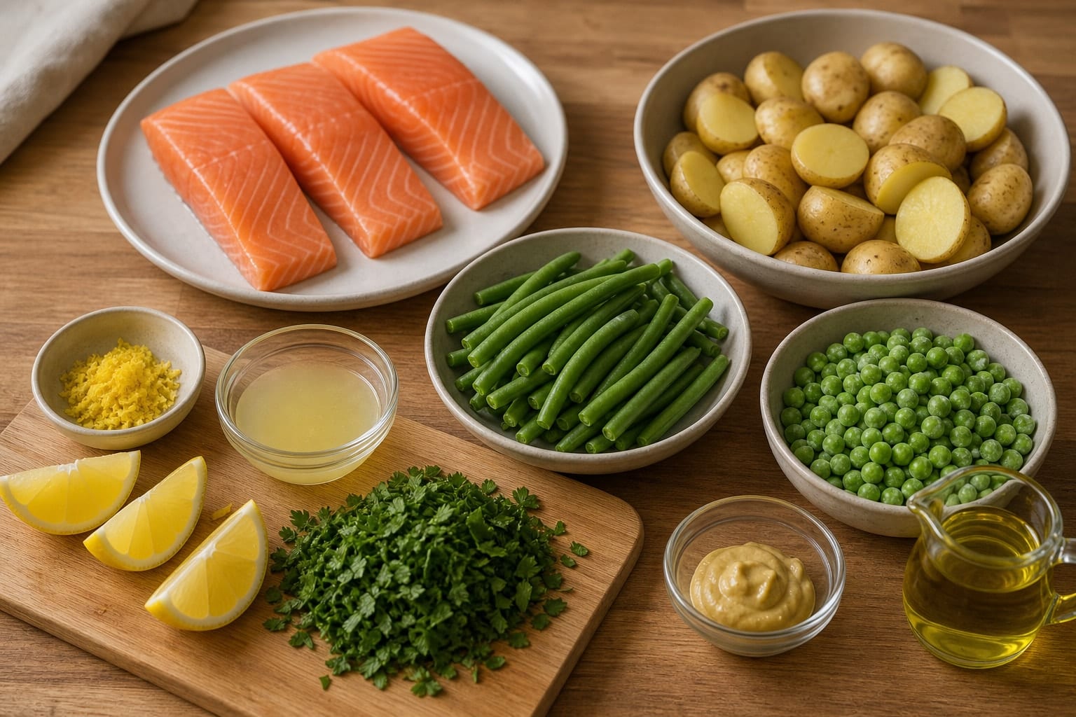 Lemon Salmon Potato Traybake with Peas and Parsley cooking step 1: Prep the traybake.