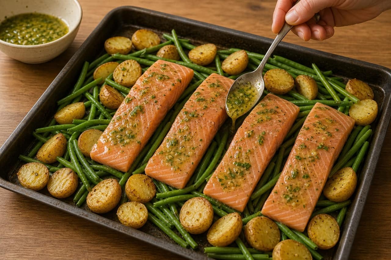 Lemon Salmon Potato Traybake with Peas and Parsley cooking step 4: Add salmon and beans.