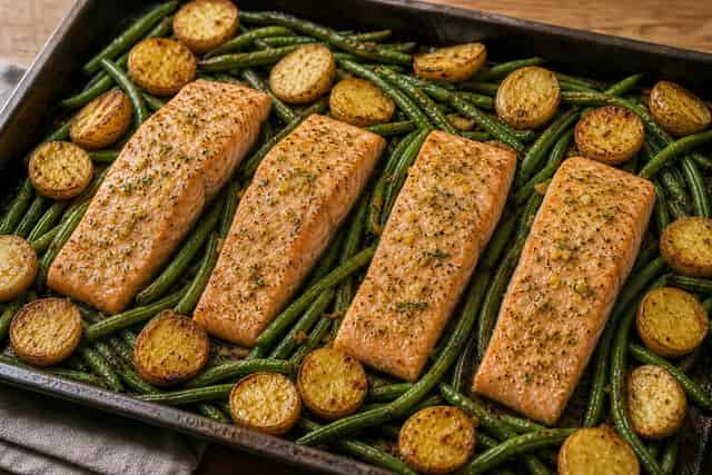Lemon Salmon Potato Traybake with Peas and Parsley cooking step 5: Roast the salmon.