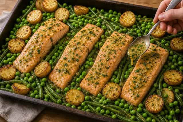 Lemon Salmon Potato Traybake with Peas and Parsley cooking step 6: Warm the peas.