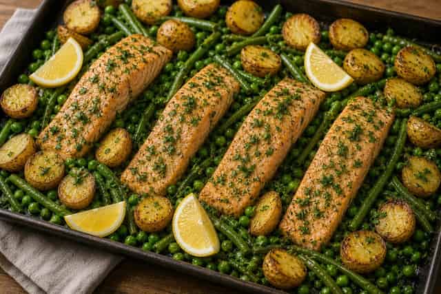 Lemon Salmon Potato Traybake with Peas and Parsley cooking step 7: Finish and serve.