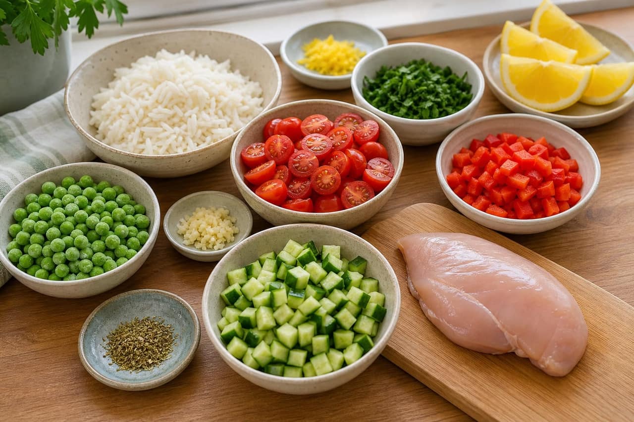 Lemon Chicken Pea Rice Salad Boxes cooking step 1: Prep the salad ingredients.
