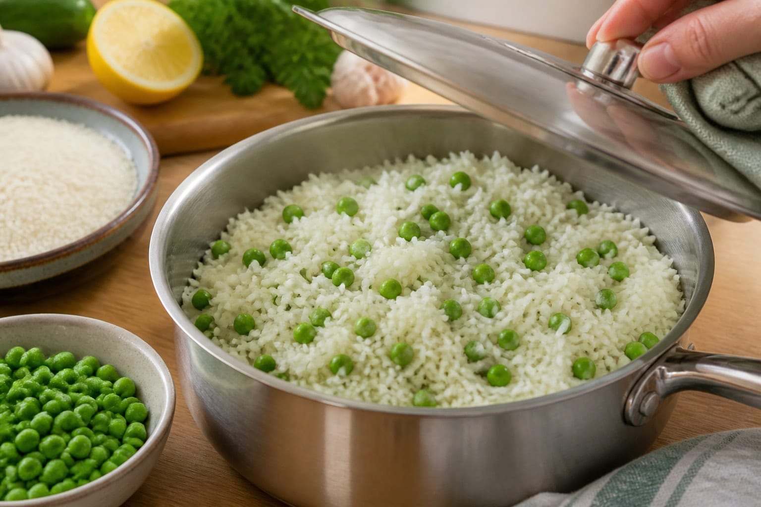 Lemon Chicken Pea Rice Salad Boxes cooking step 2: Cook the rice and peas.
