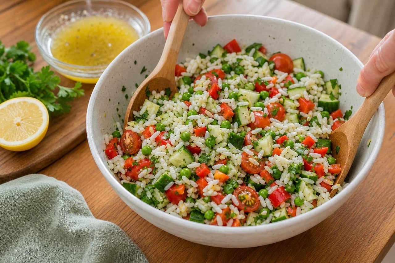 Lemon Chicken Pea Rice Salad Boxes cooking step 5: Dress the rice.