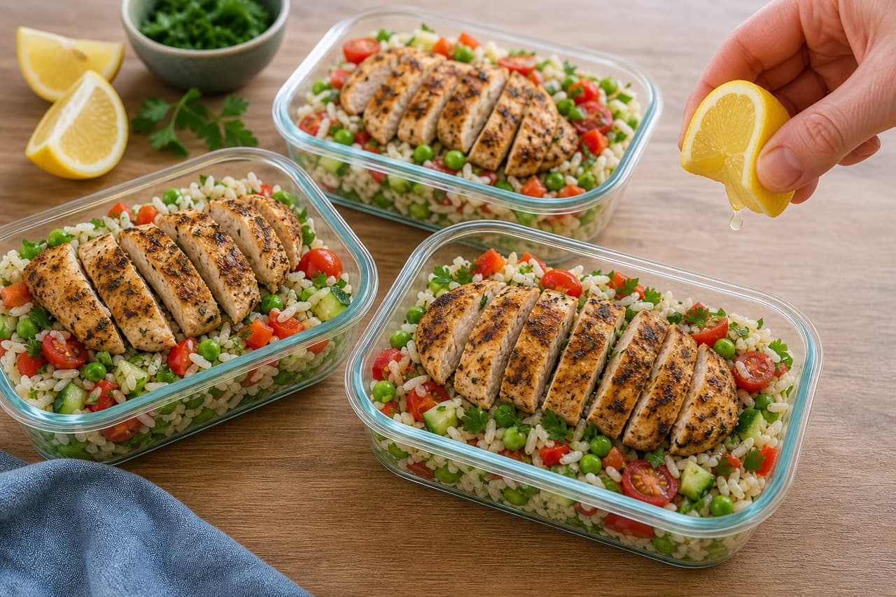Lemon Chicken Pea Rice Salad Boxes cooking step 6: Pack and finish.