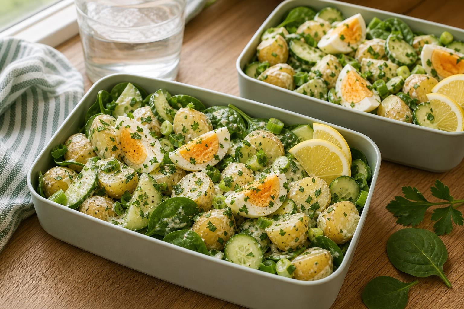 Lemony Egg Potato Salad Boxes plated and ready to serve.