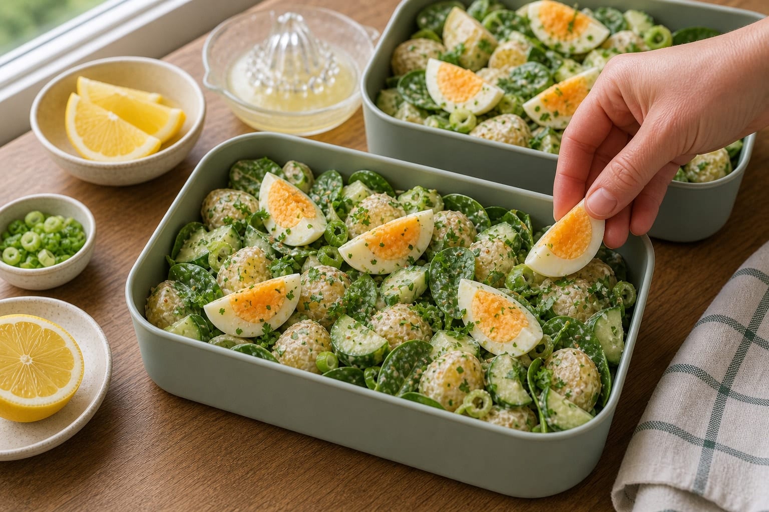 Lemony Egg Potato Salad Boxes cooking step 6: Top with eggs.