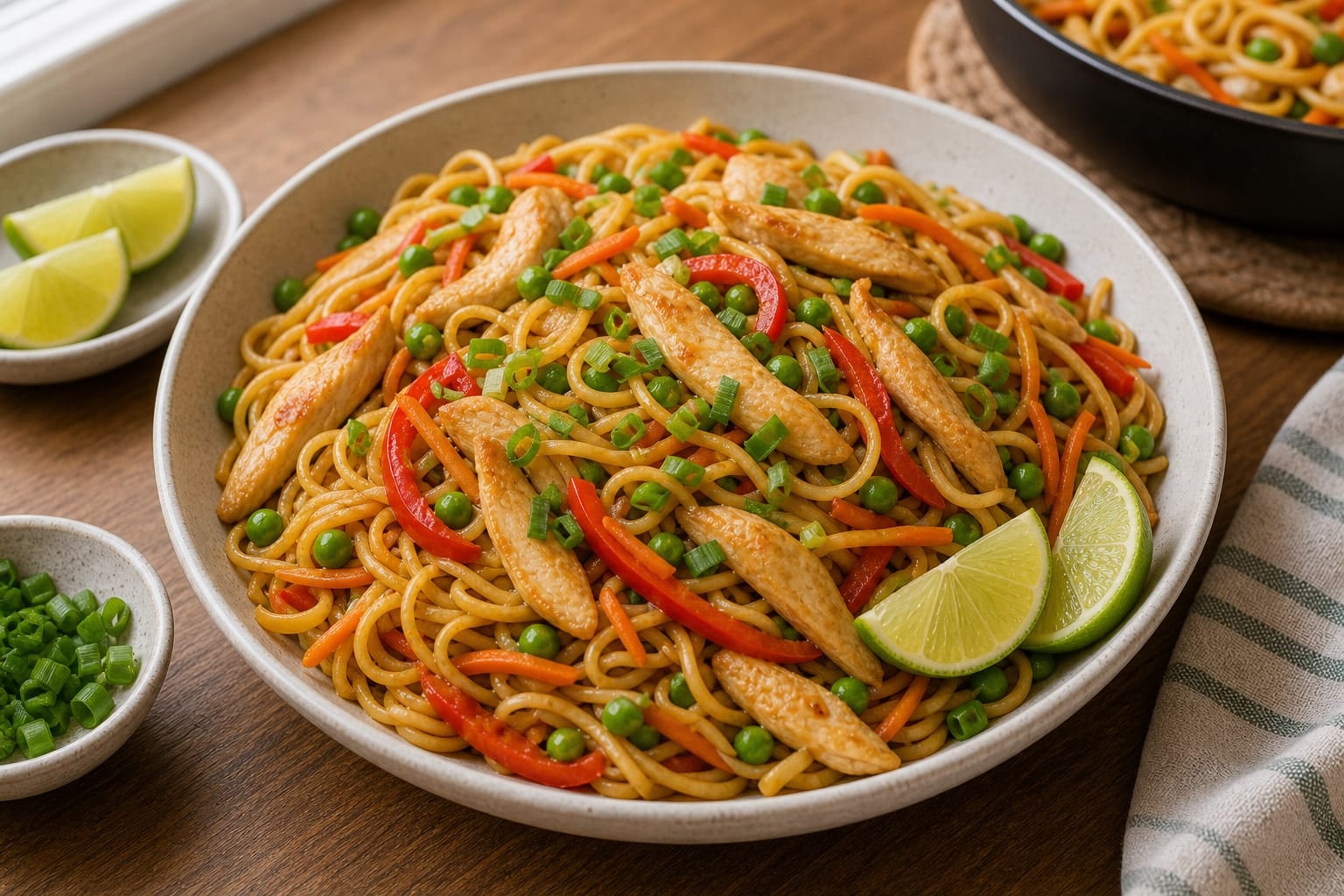 Lime Ginger Chicken Veg Noodles plated and ready to serve.