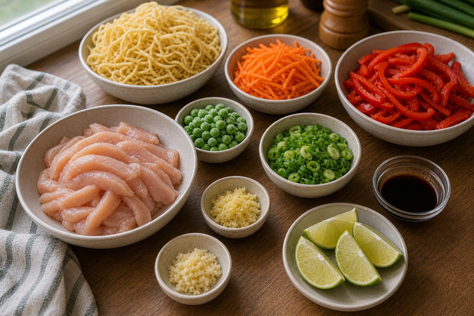 Lime Ginger Chicken Veg Noodles cooking step 1: Prep the stir-fry.