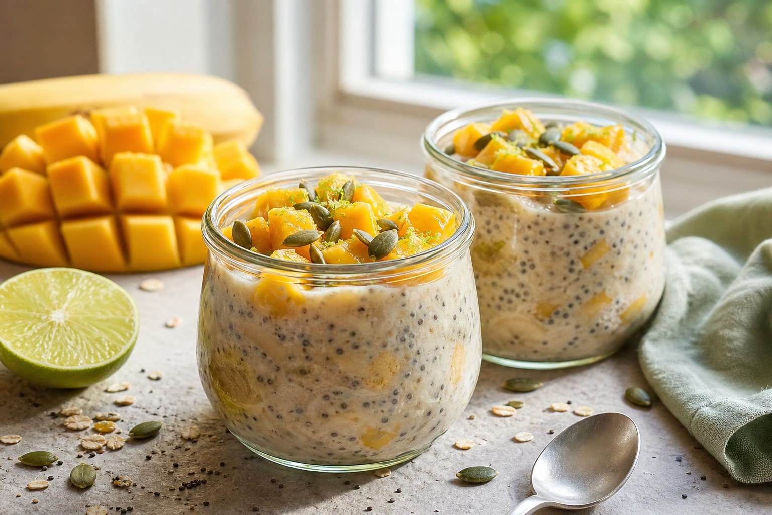 Creamy Mango Lime Overnight Oat Pots with Chia plated and ready to serve.