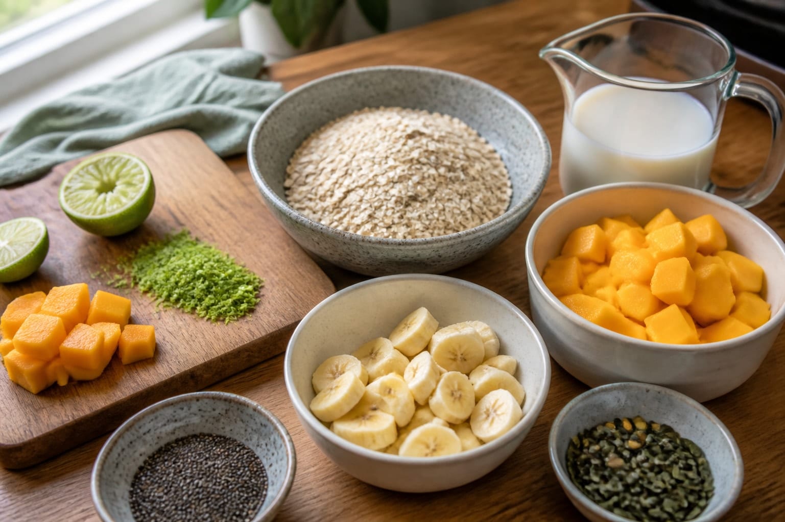 Creamy Mango Lime Overnight Oat Pots with Chia cooking guide image for prep the fruit.