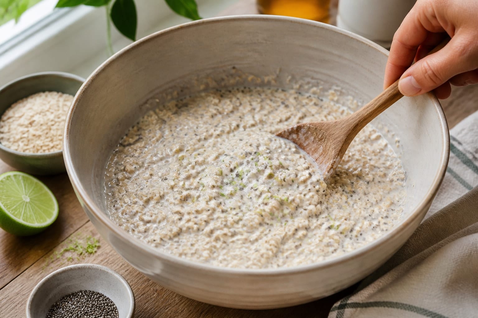 Creamy Mango Lime Overnight Oat Pots with Chia cooking guide image for mix the oats.