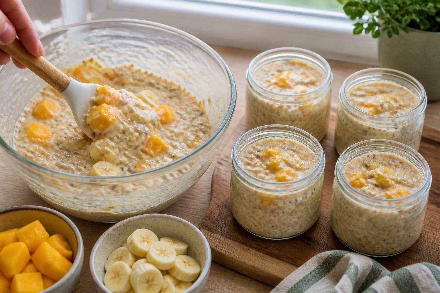Creamy Mango Lime Overnight Oat Pots with Chia cooking guide image for fold in fruit.