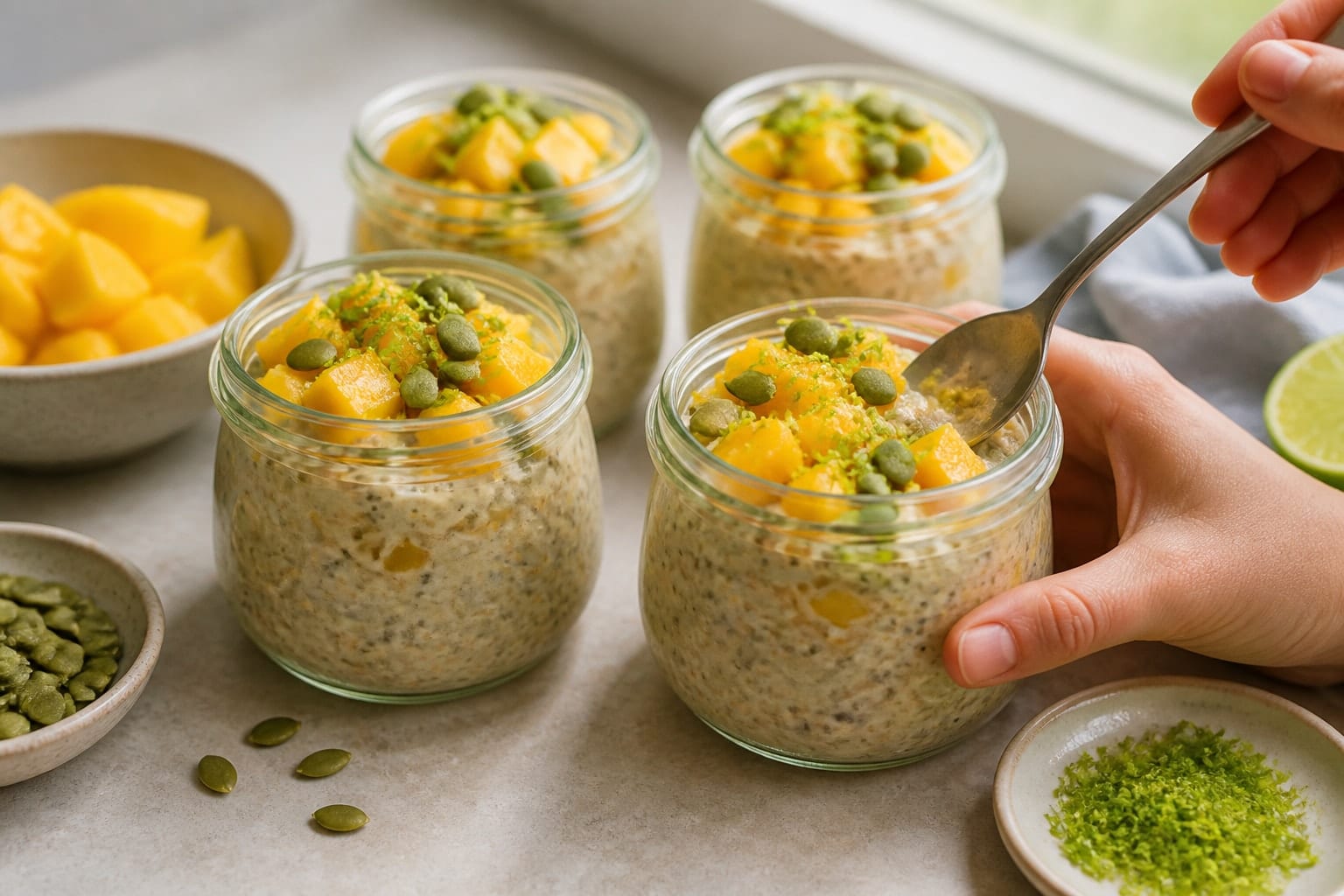 Creamy Mango Lime Overnight Oat Pots with Chia cooking guide image for top and serve.