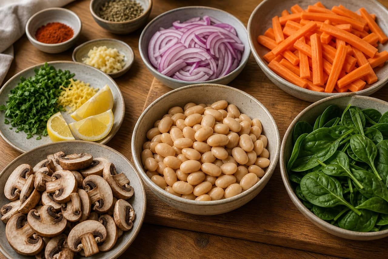 Mushroom Butter Bean Mash Bowls cooking step 1: Prep the vegetables.