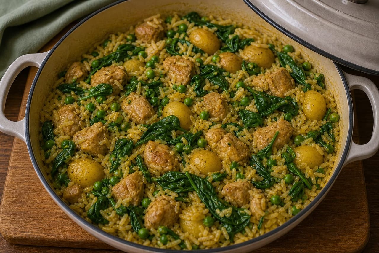 One-Pan Chicken Saag Aloo Rice with Peas cooking step 2: Brown the chicken.