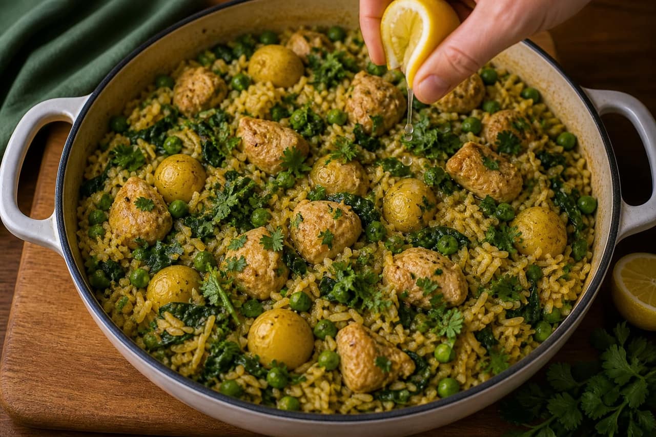 One-Pan Chicken Saag Aloo Rice with Peas cooking step 3: Build the spice base.