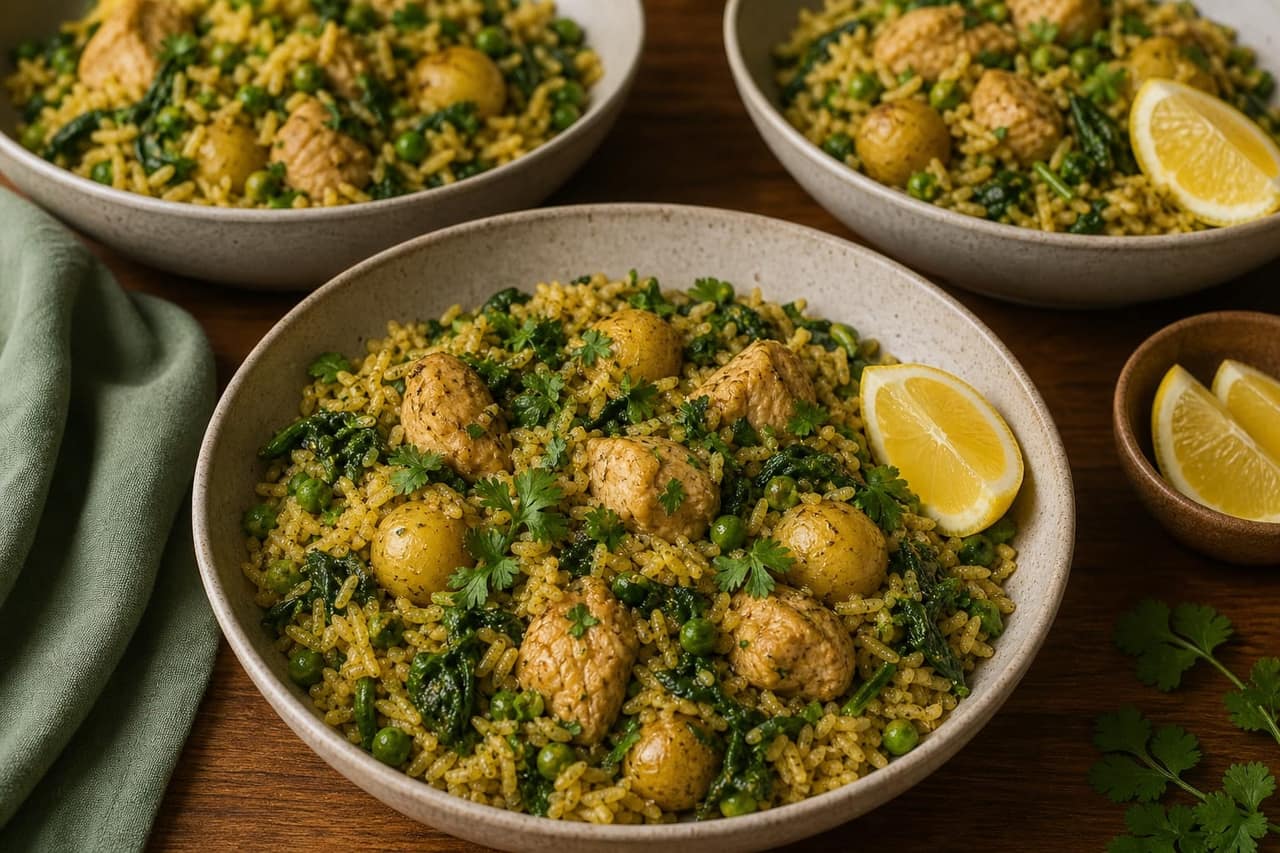 One-Pan Chicken Saag Aloo Rice with Peas cooking step 4: Simmer the rice.