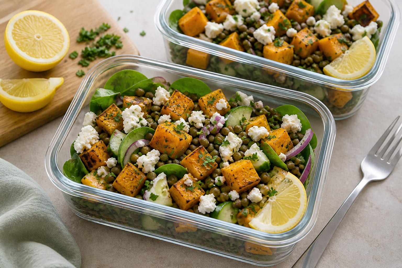 Herby Roasted Squash Lentil Feta Boxes with Lemon plated and ready to serve.