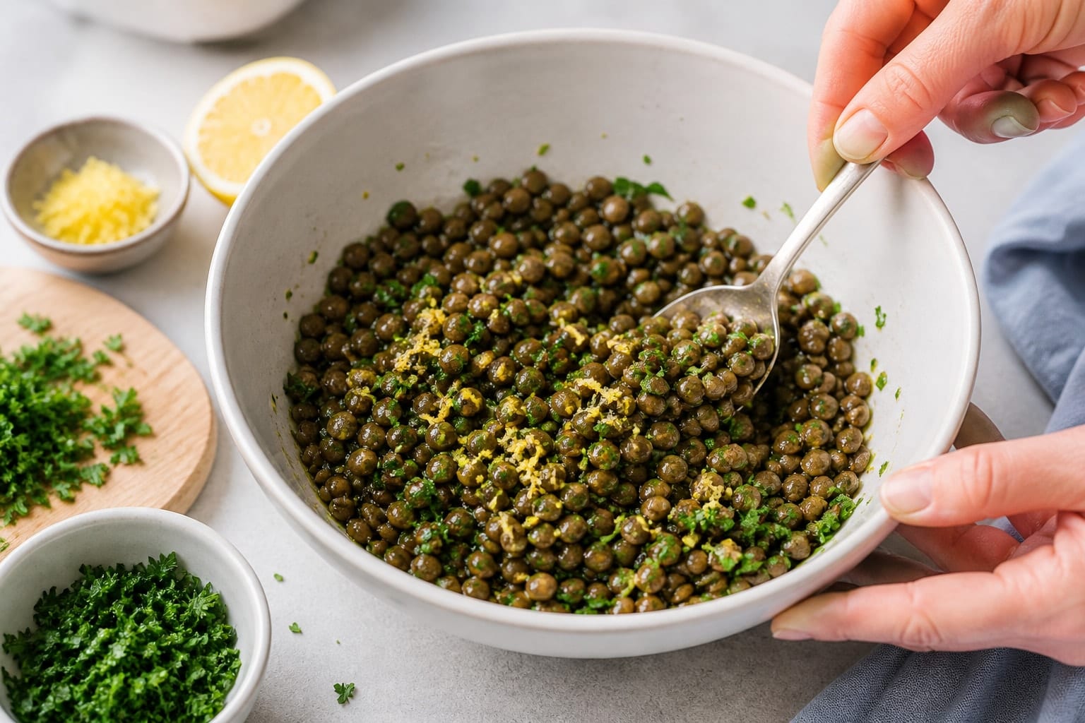 Herby Roasted Squash Lentil Feta Boxes with Lemon cooking step 3: Dress the lentils.