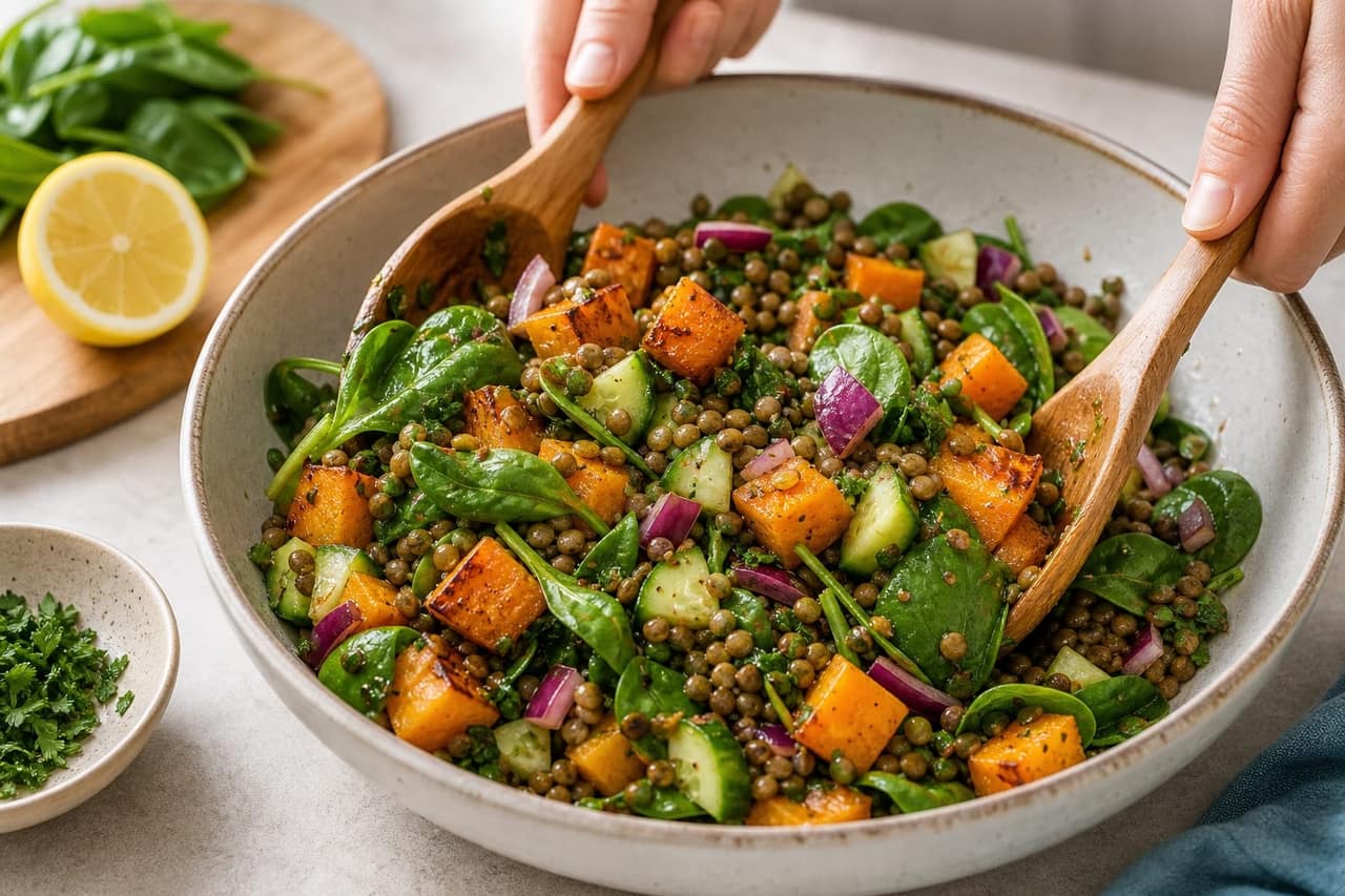 Herby Roasted Squash Lentil Feta Boxes with Lemon cooking step 5: Toss the salad.