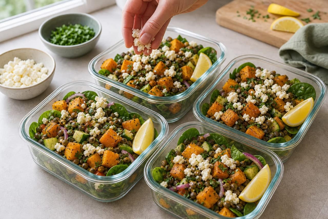 Herby Roasted Squash Lentil Feta Boxes with Lemon cooking step 6: Pack with feta.