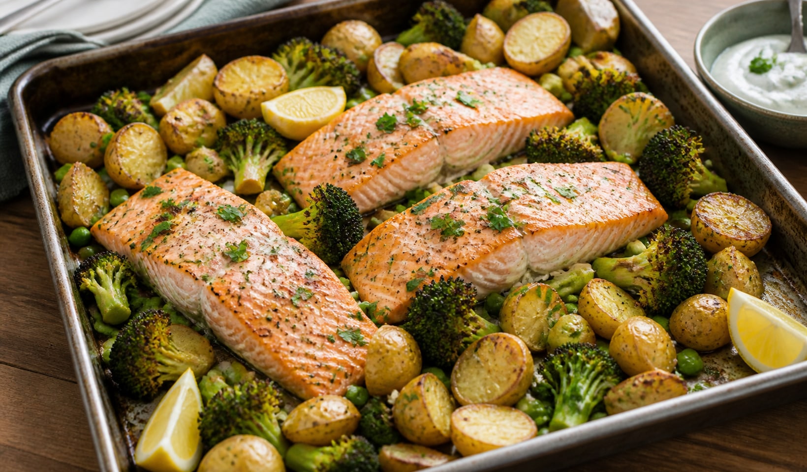Salmon Broccoli Potato Traybake plated and ready to serve.
