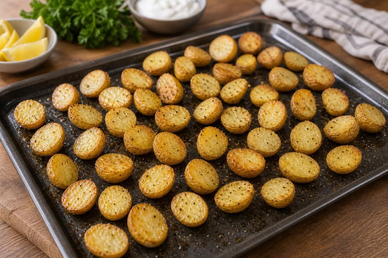 Salmon Broccoli Potato Traybake cooking step 1: Prep the tray.