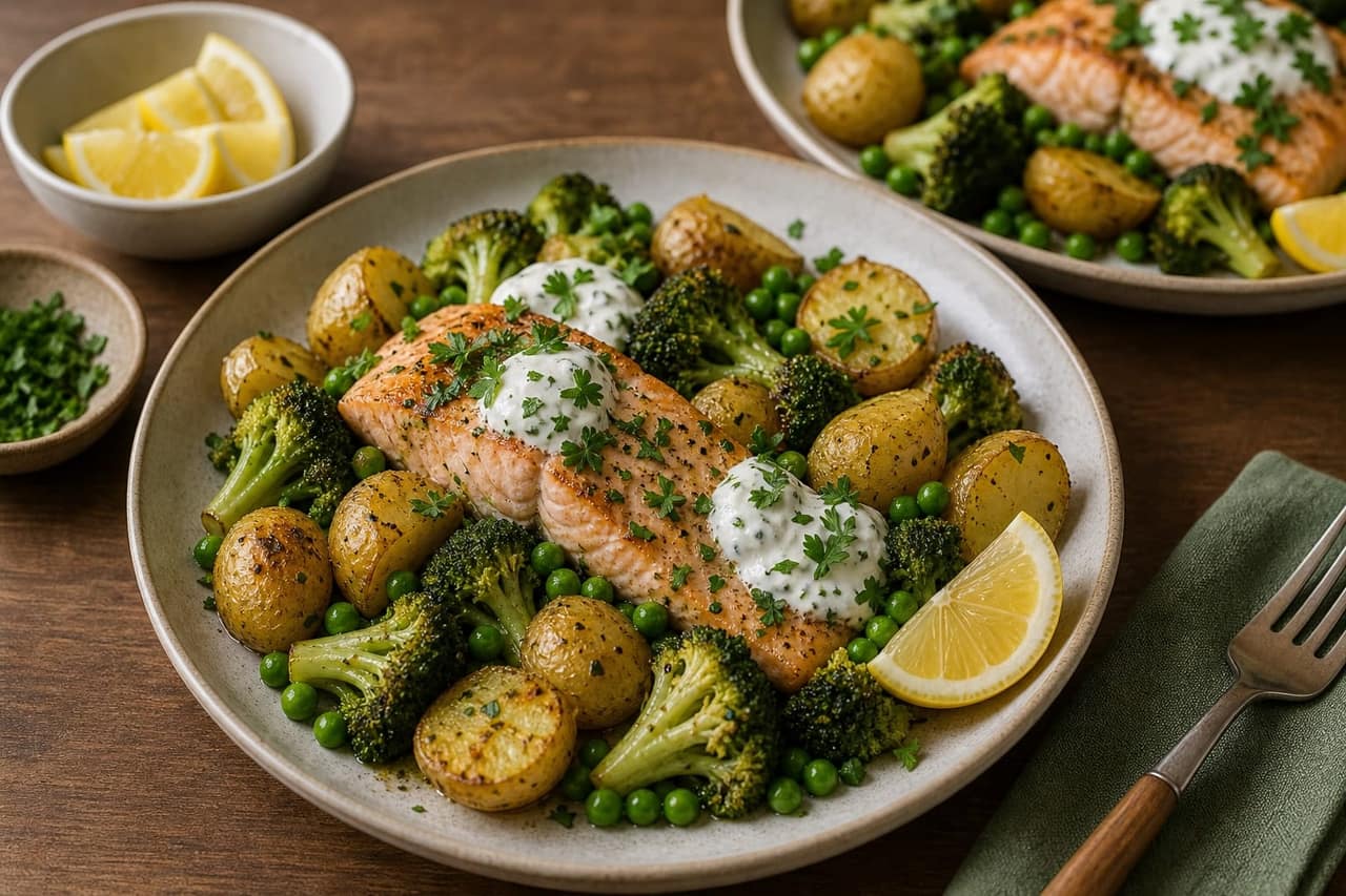 Salmon Broccoli Potato Traybake cooking step 5: Bake the salmon.
