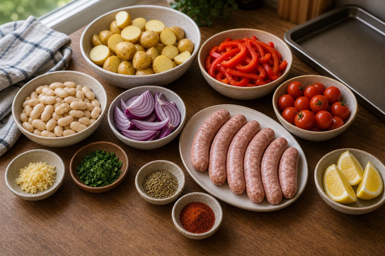 Golden Sausage Butter Bean Tomato Traybake cooking step 1: Heat the oven.