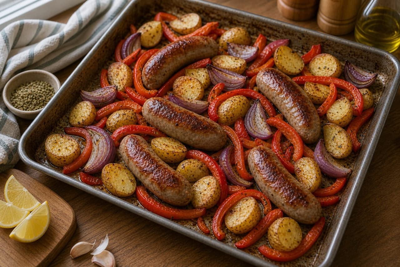 Golden Sausage Butter Bean Tomato Traybake cooking step 3: Add the sausages.