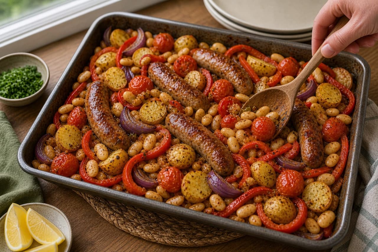 Golden Sausage Butter Bean Tomato Traybake cooking step 4: Add beans and tomatoes.