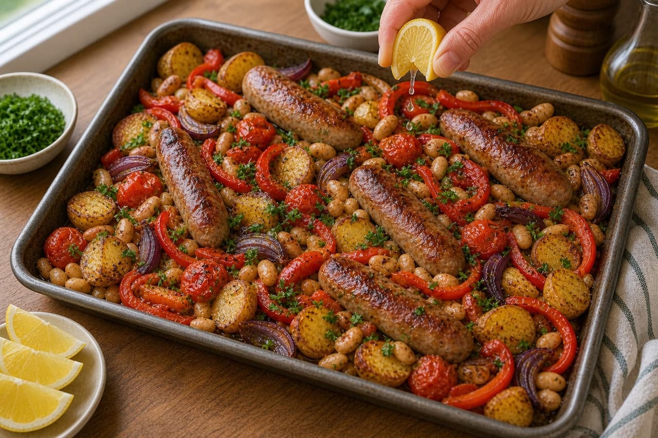 Golden Sausage Butter Bean Tomato Traybake cooking step 5: Brighten the tray.