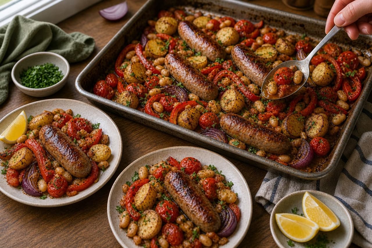 Golden Sausage Butter Bean Tomato Traybake cooking step 6: Serve from the tray.