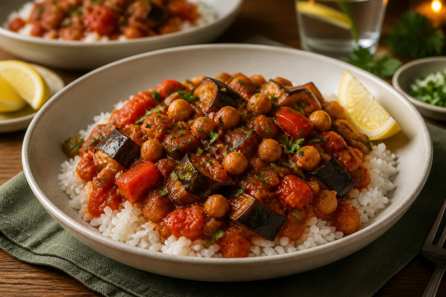Smoky Aubergine Chickpea Tomato Rice with Lemon plated and ready to serve.