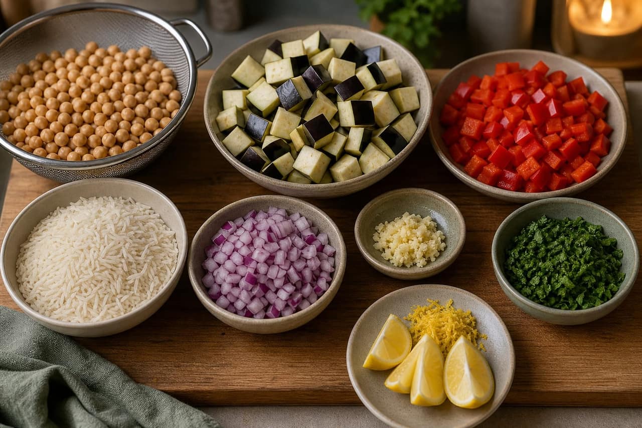 Smoky Aubergine Chickpea Tomato Rice with Lemon cooking step 1: Prep the vegetables.
