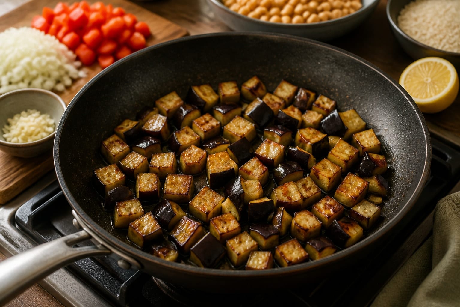 Smoky Aubergine Chickpea Tomato Rice with Lemon cooking step 3: Brown the aubergine.