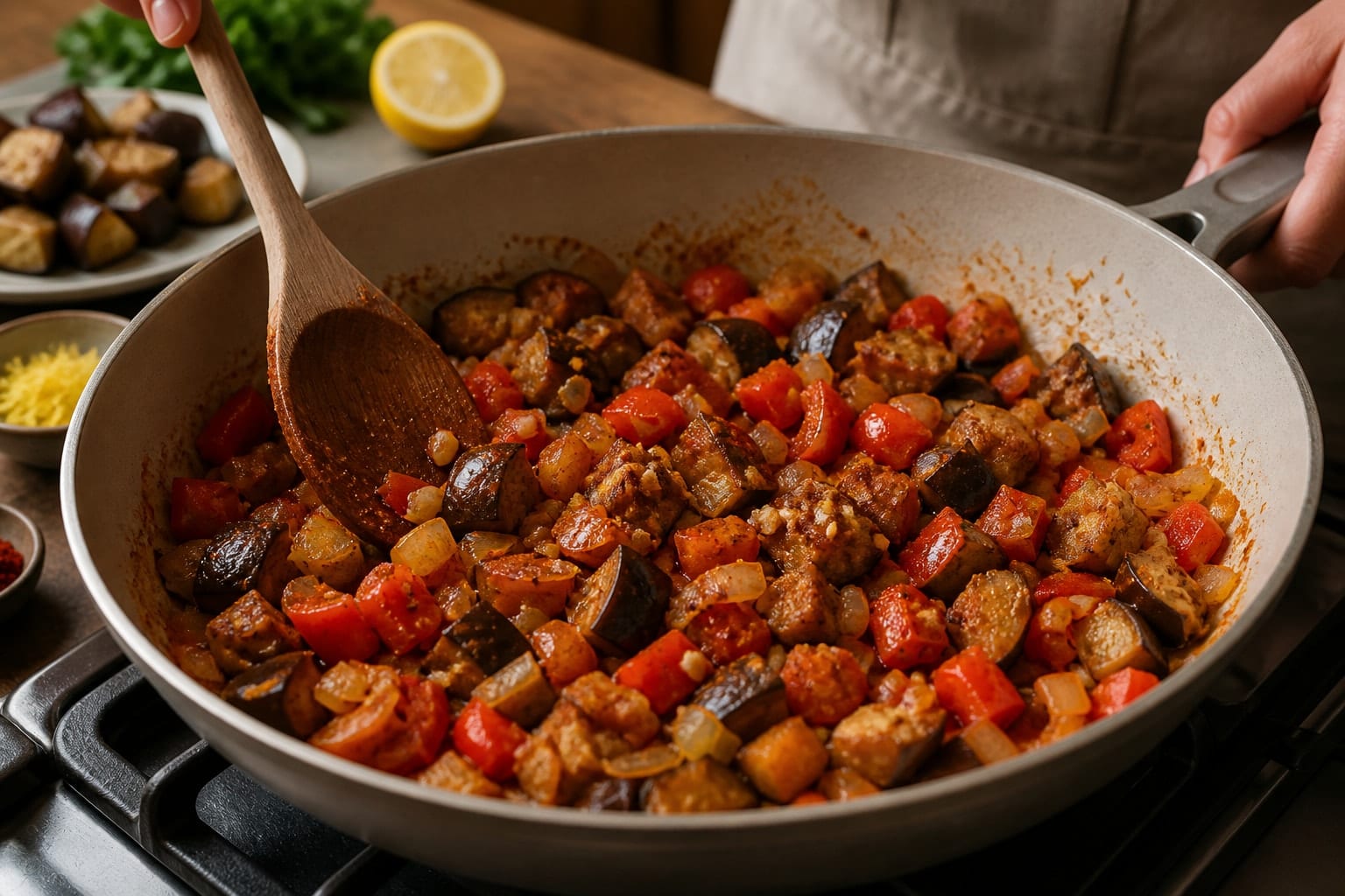 Smoky Aubergine Chickpea Tomato Rice with Lemon cooking step 4: Soften the base.