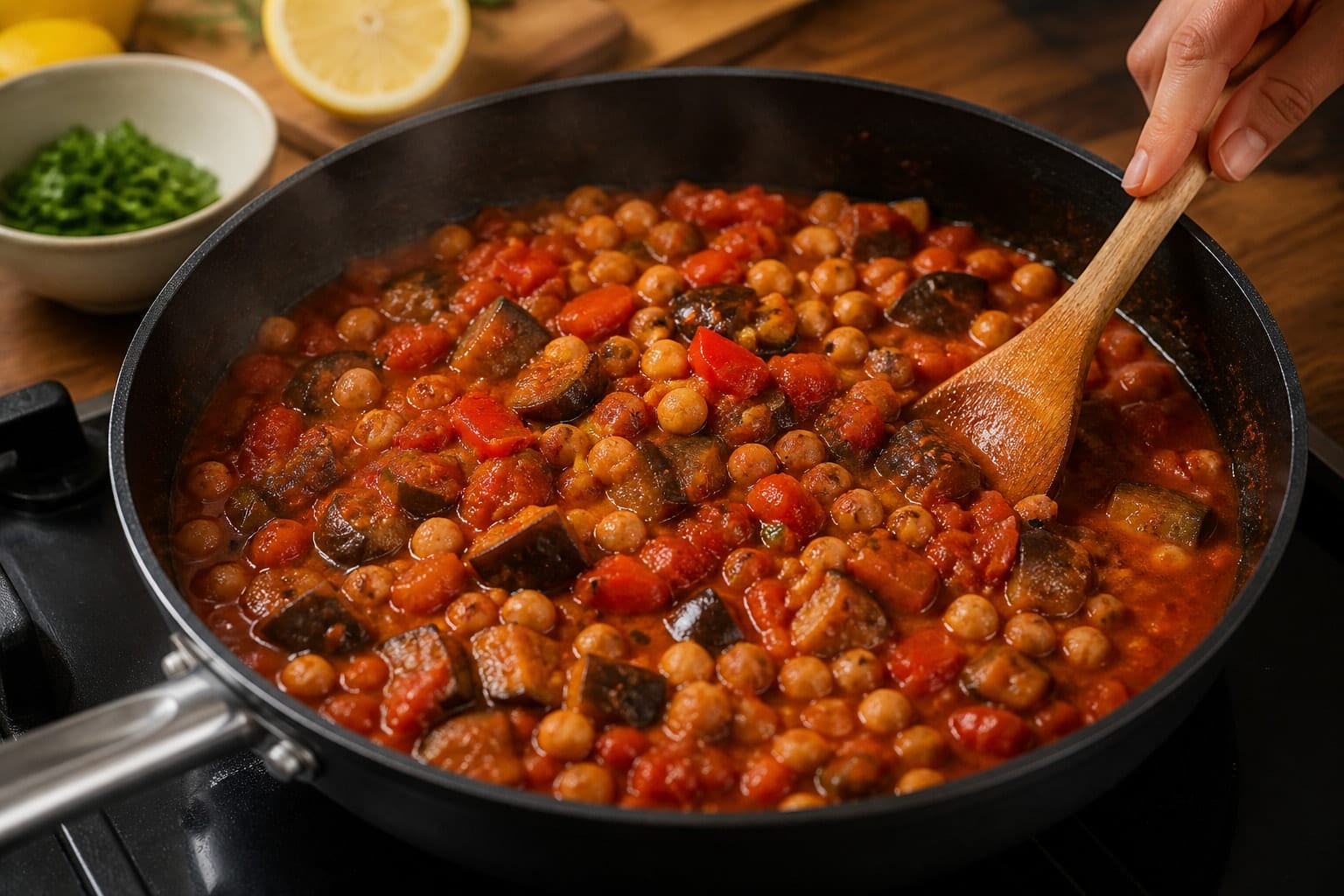Smoky Aubergine Chickpea Tomato Rice with Lemon cooking step 5: Simmer with chickpeas.