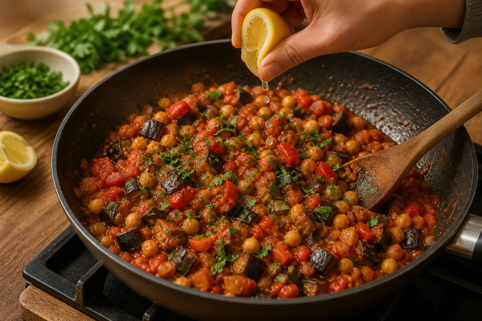 Smoky Aubergine Chickpea Tomato Rice with Lemon cooking step 6: Finish with lemon.