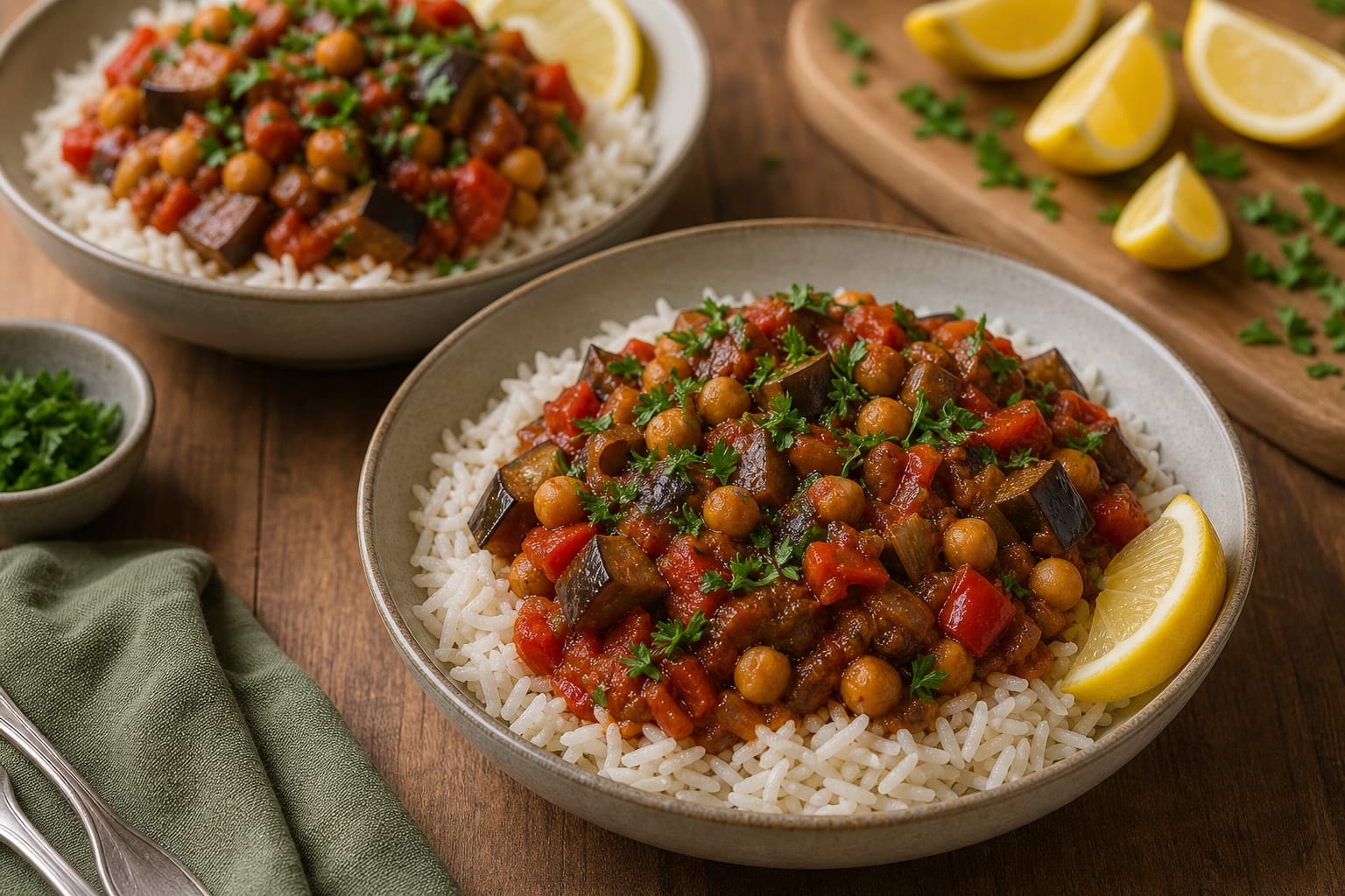 Smoky Aubergine Chickpea Tomato Rice with Lemon cooking step 7: Serve over rice.