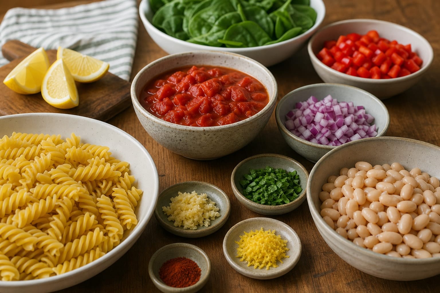 Smoky Bean Tomato Pasta with Spinach and Basil cooking step 1: Prep the veg.