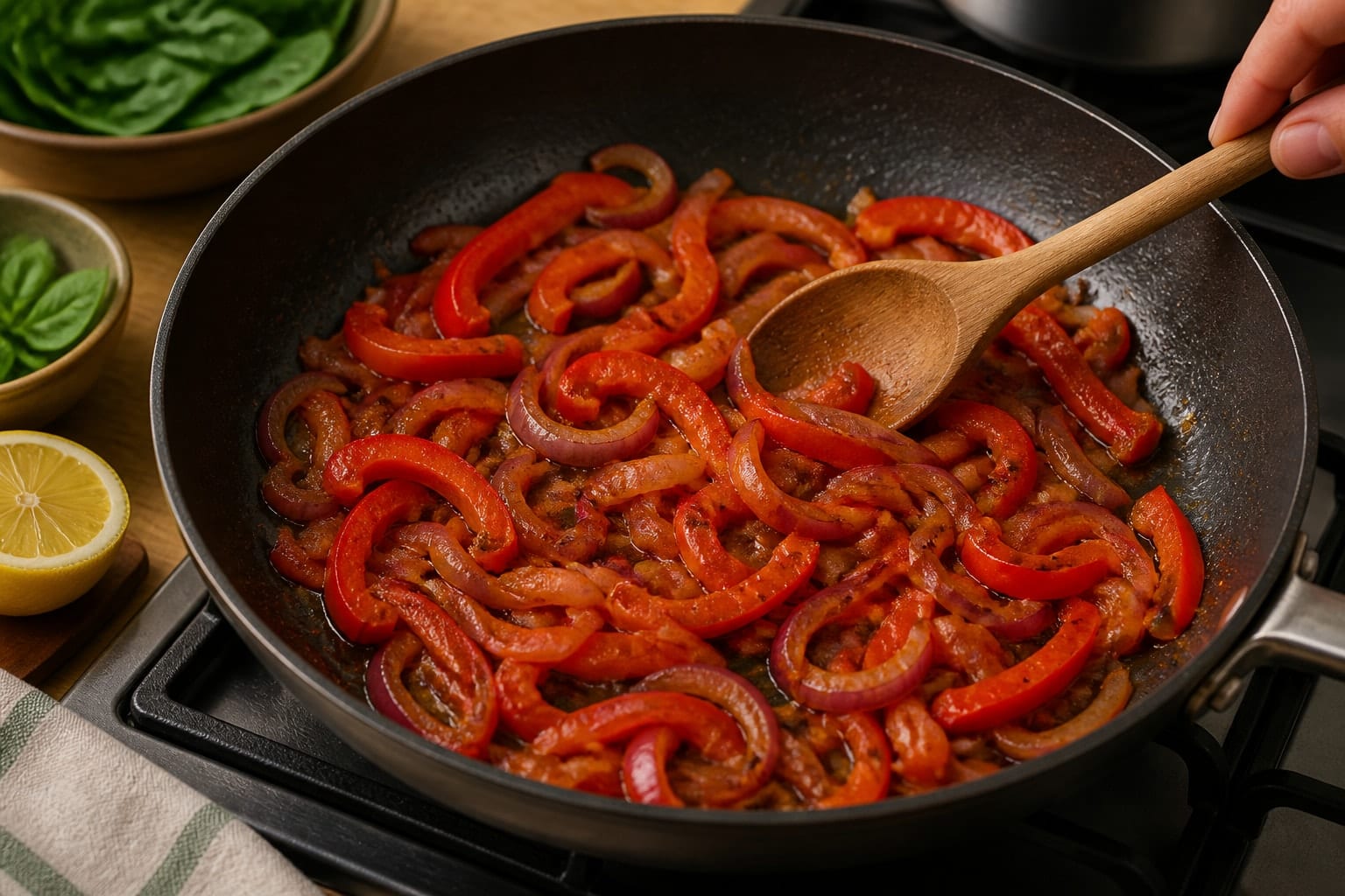 Smoky Bean Tomato Pasta with Spinach and Basil cooking step 3: Soften the veg.