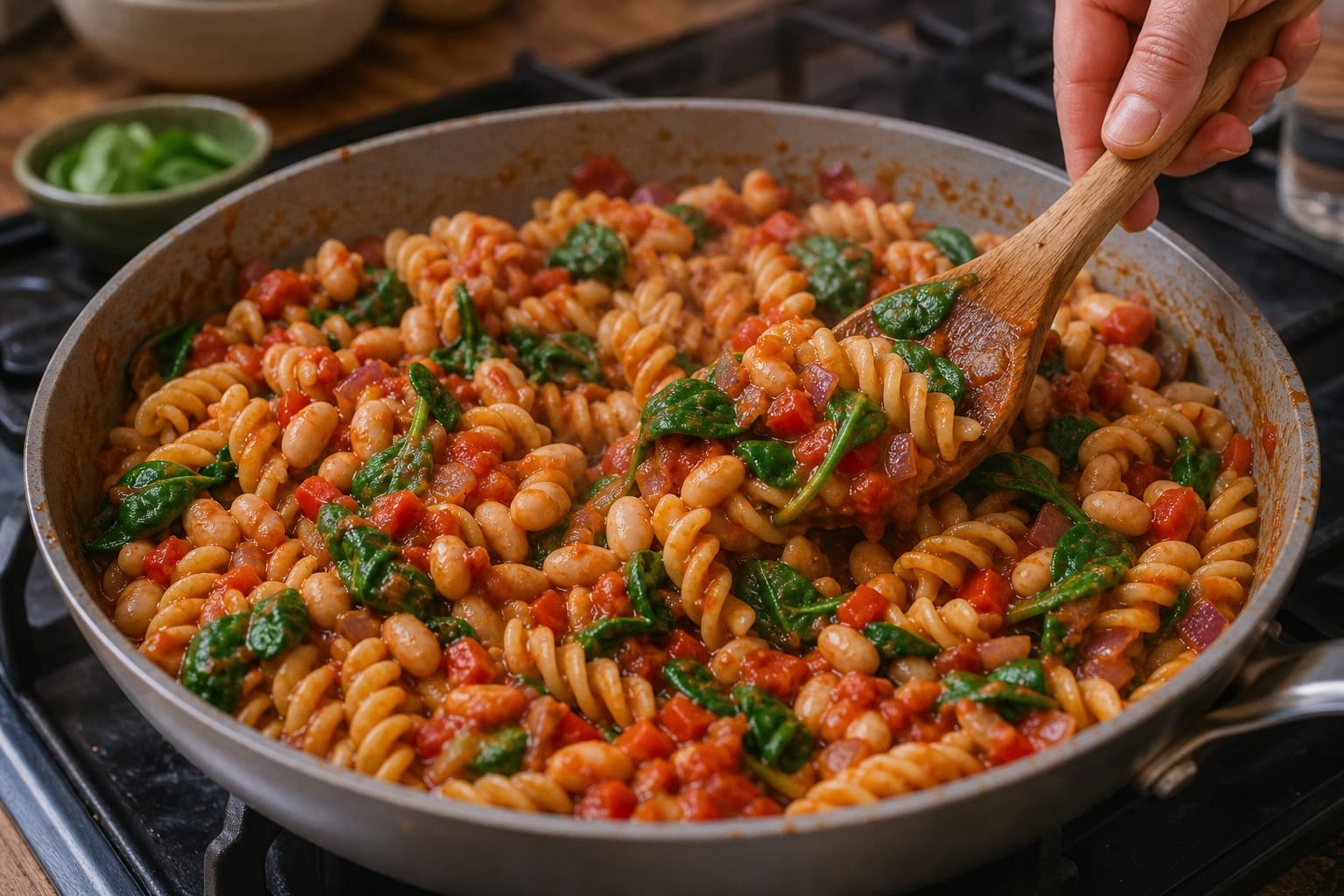 Smoky Bean Tomato Pasta with Spinach and Basil cooking step 5: Add beans and spinach.