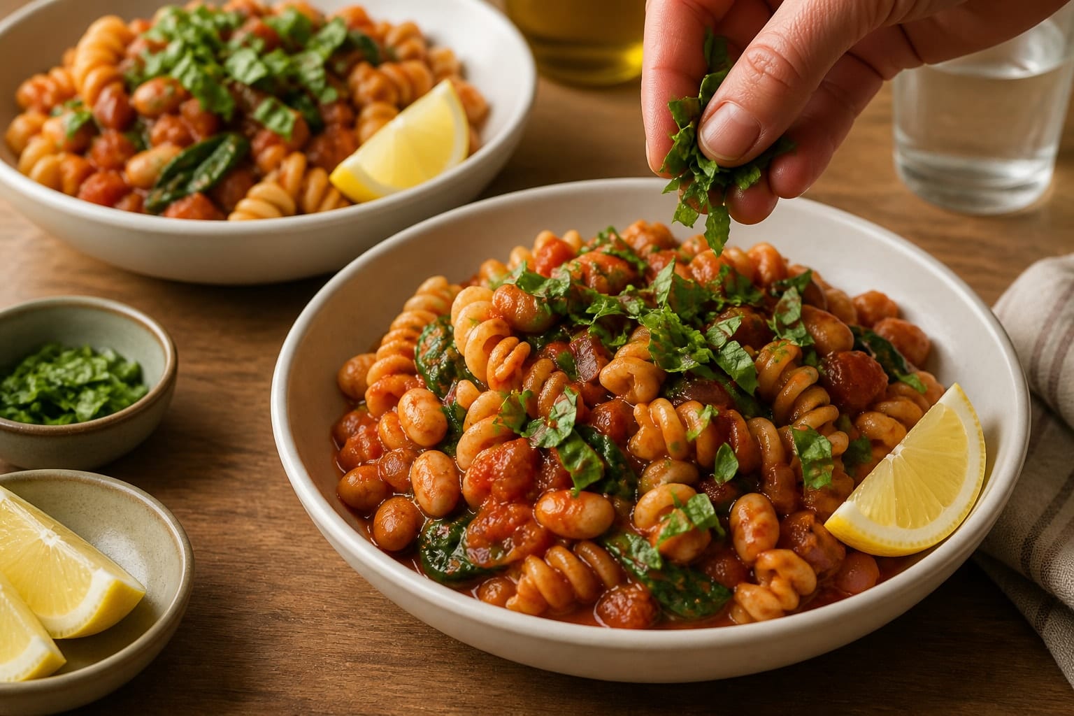 Smoky Bean Tomato Pasta with Spinach and Basil cooking step 6: Serve with basil.
