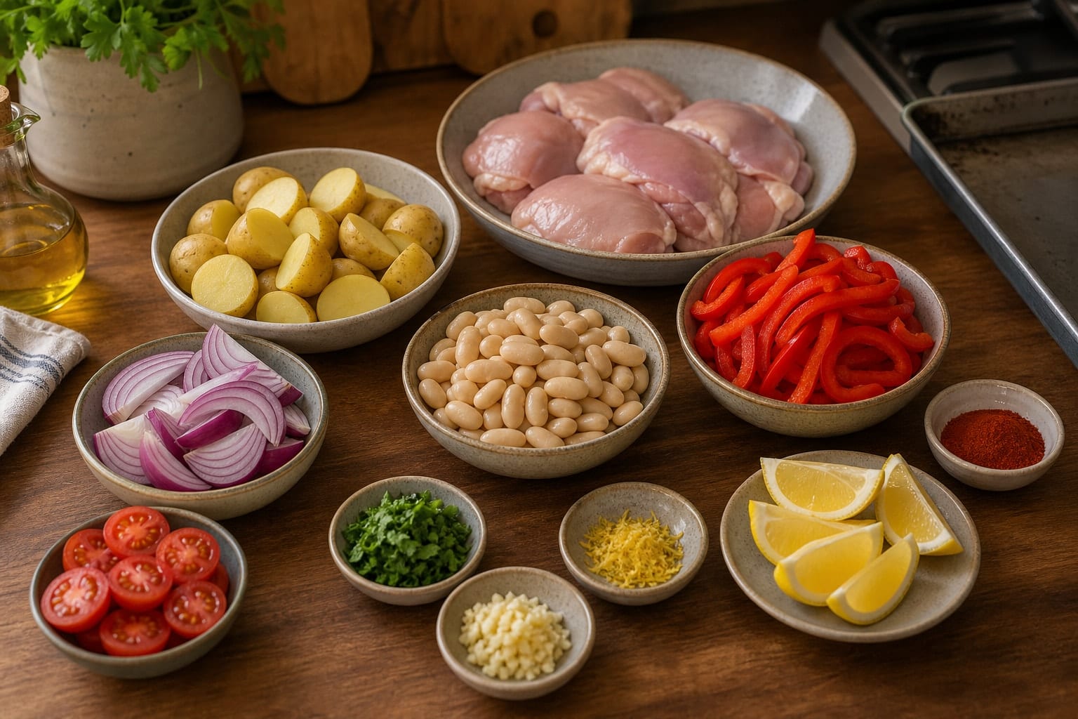 Paprika Chicken Butter Bean Traybake with Peppers and Lemon cooking step 1: Prep the tray.