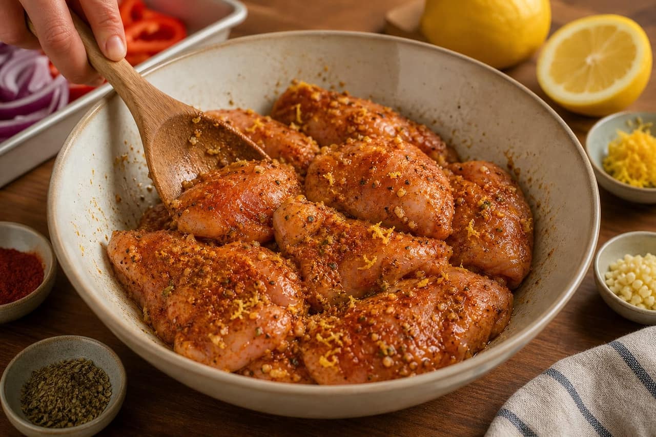Paprika Chicken Butter Bean Traybake with Peppers and Lemon cooking step 3: Season the chicken.