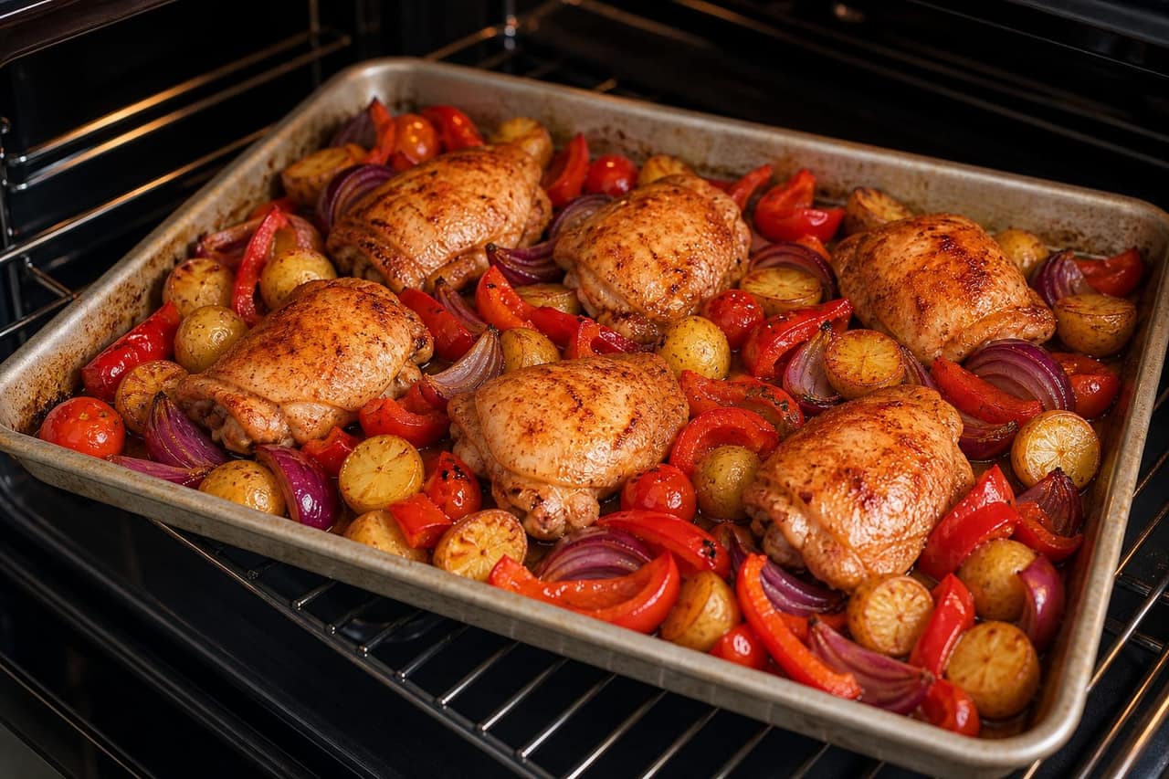 Paprika Chicken Butter Bean Traybake with Peppers and Lemon cooking step 4: Add chicken and peppers.