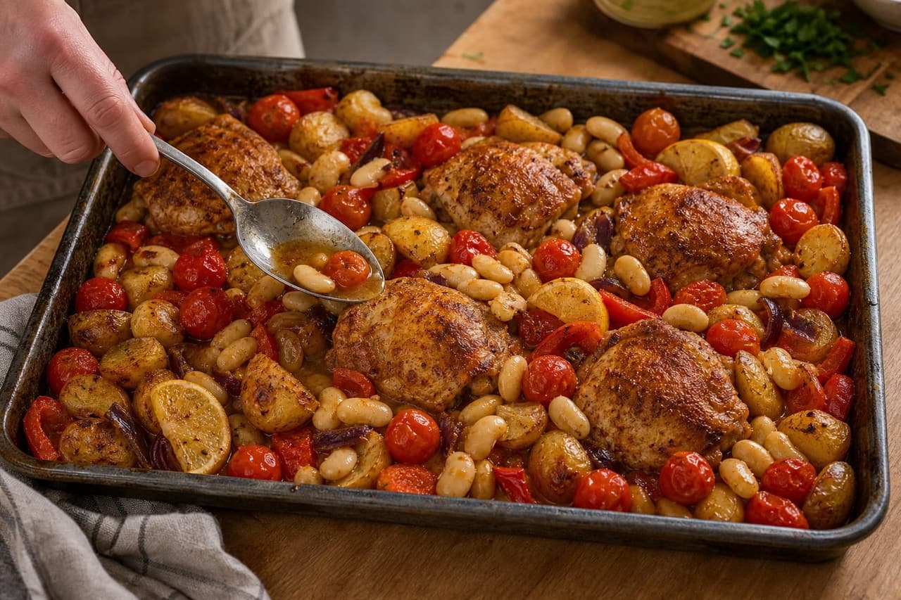 Paprika Chicken Butter Bean Traybake with Peppers and Lemon cooking step 5: Add beans and tomatoes.