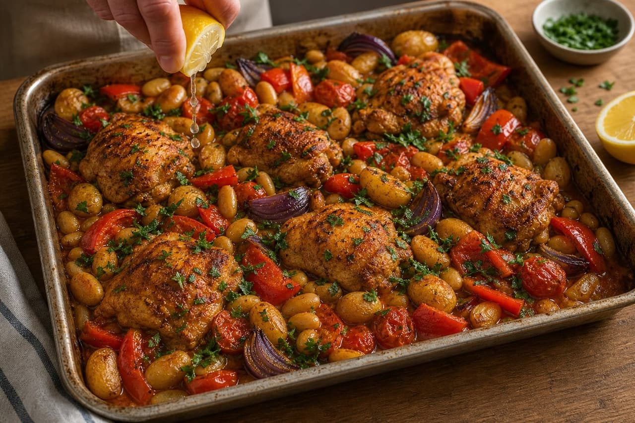 Paprika Chicken Butter Bean Traybake with Peppers and Lemon cooking step 6: Finish with lemon.
